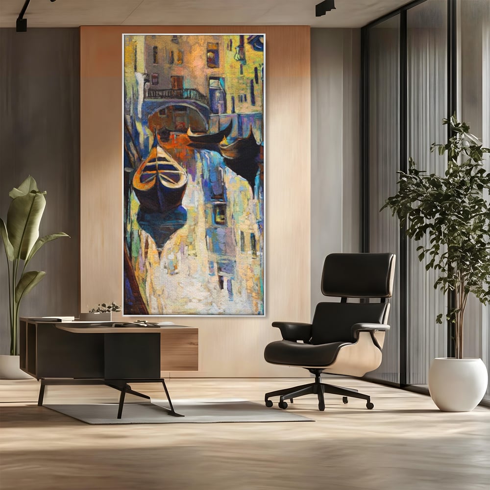 Tablou canvas cu pictura canvas cu gondole in venetia, in rama de aluminiu argintiu, pe perete intr-un birou